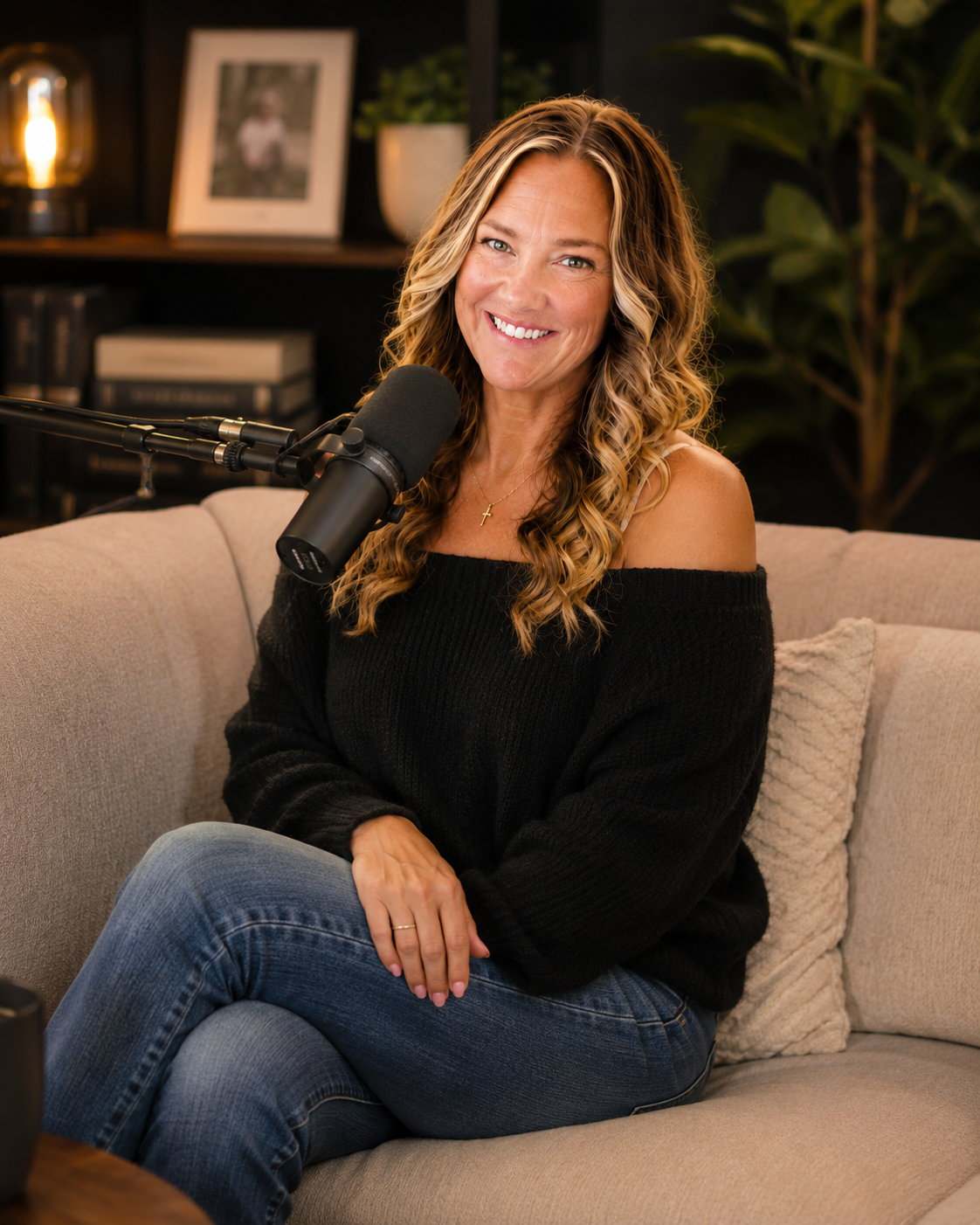Jen Conrad seated on a couch with a podcast microphone